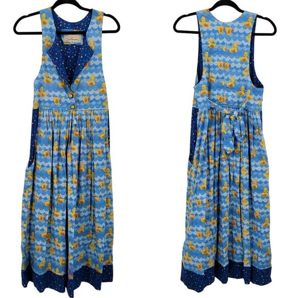 Handmade Whimsical Rubber Duck Maxi Apron Dress Tie Waist Sz XS Blue Pockets Fun - Picture 1 of 13